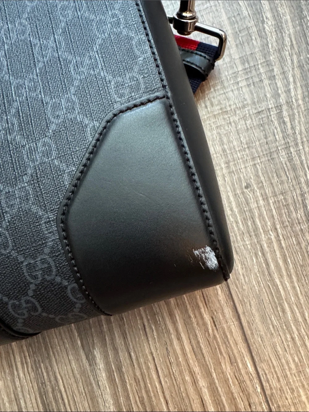 Gucci Men's Black-Gray GG Supreme Laptop Briefcase with Red-Blue Web Strap